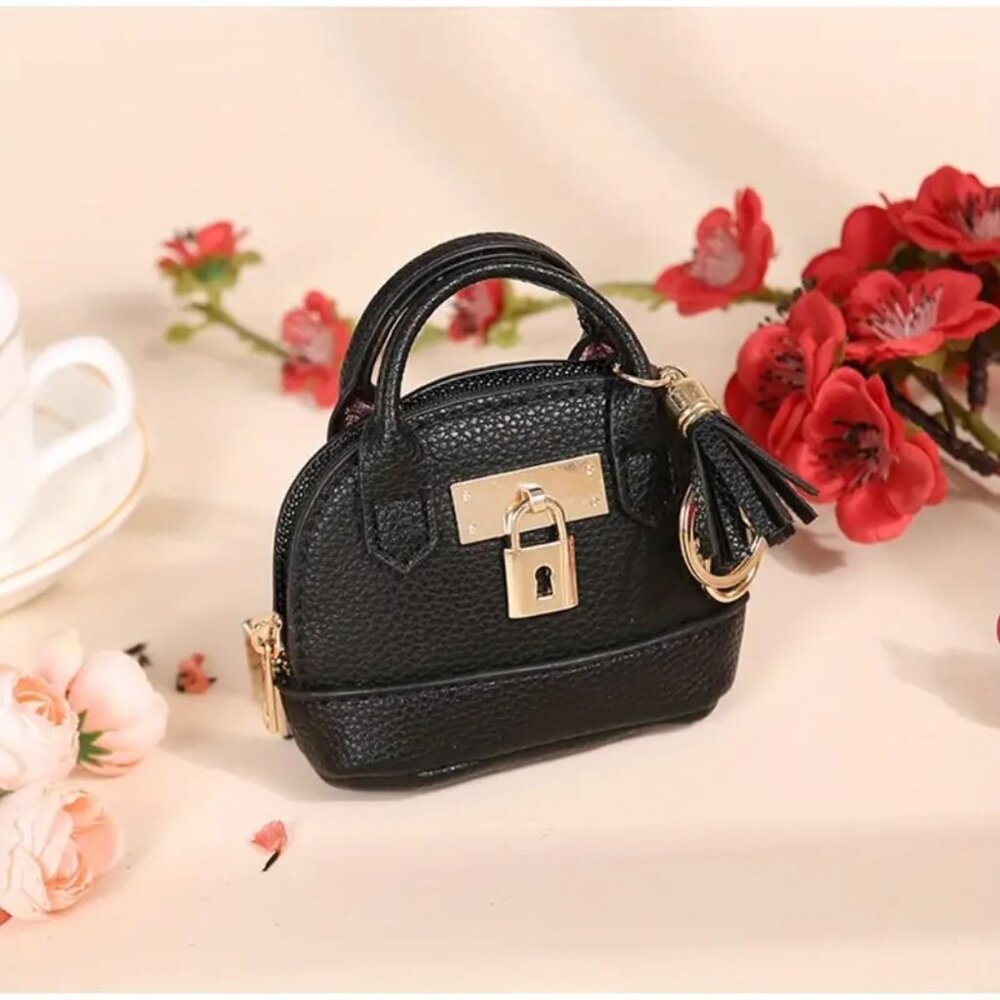 Mini Dome shaped Bag Charm Keychain w zipper that opens Black